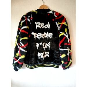 Heurueh Real People Faux Fur Bomber Jacket Black Designer Graffiti Back